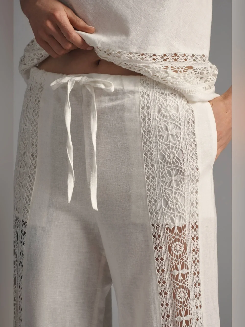 Anthropologie - RARE White Linen Lace Pull-On Pants
